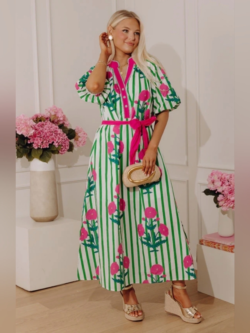 UMGEE Pink & Green Floral Stripe Maxi Dress